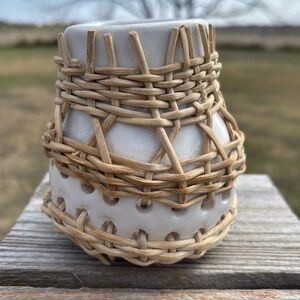 Mud Pie Woven Rattan and Ceramic Vase 4x3
